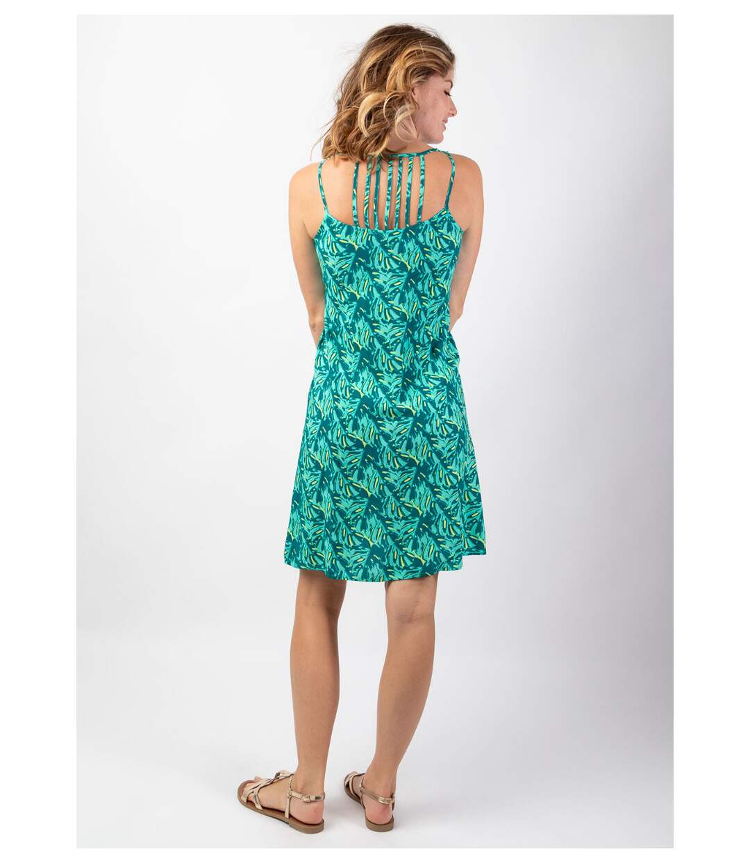 Robe courte casual chic SYLVIA imprimé tropical vert Coton Du Monde