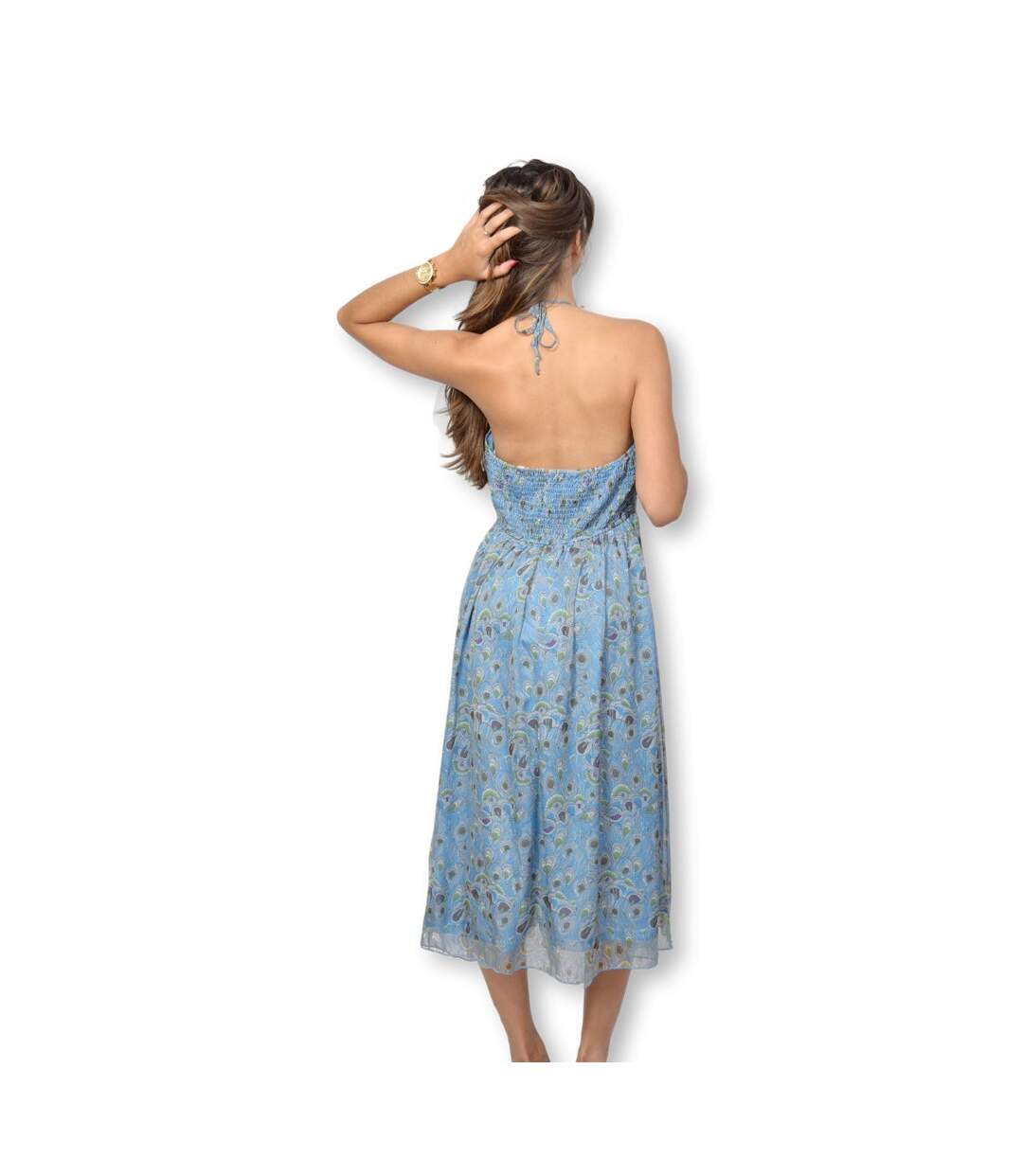 Robe femme sans manche ilongue aux motifs imprimés fleurs couleur bleu-2