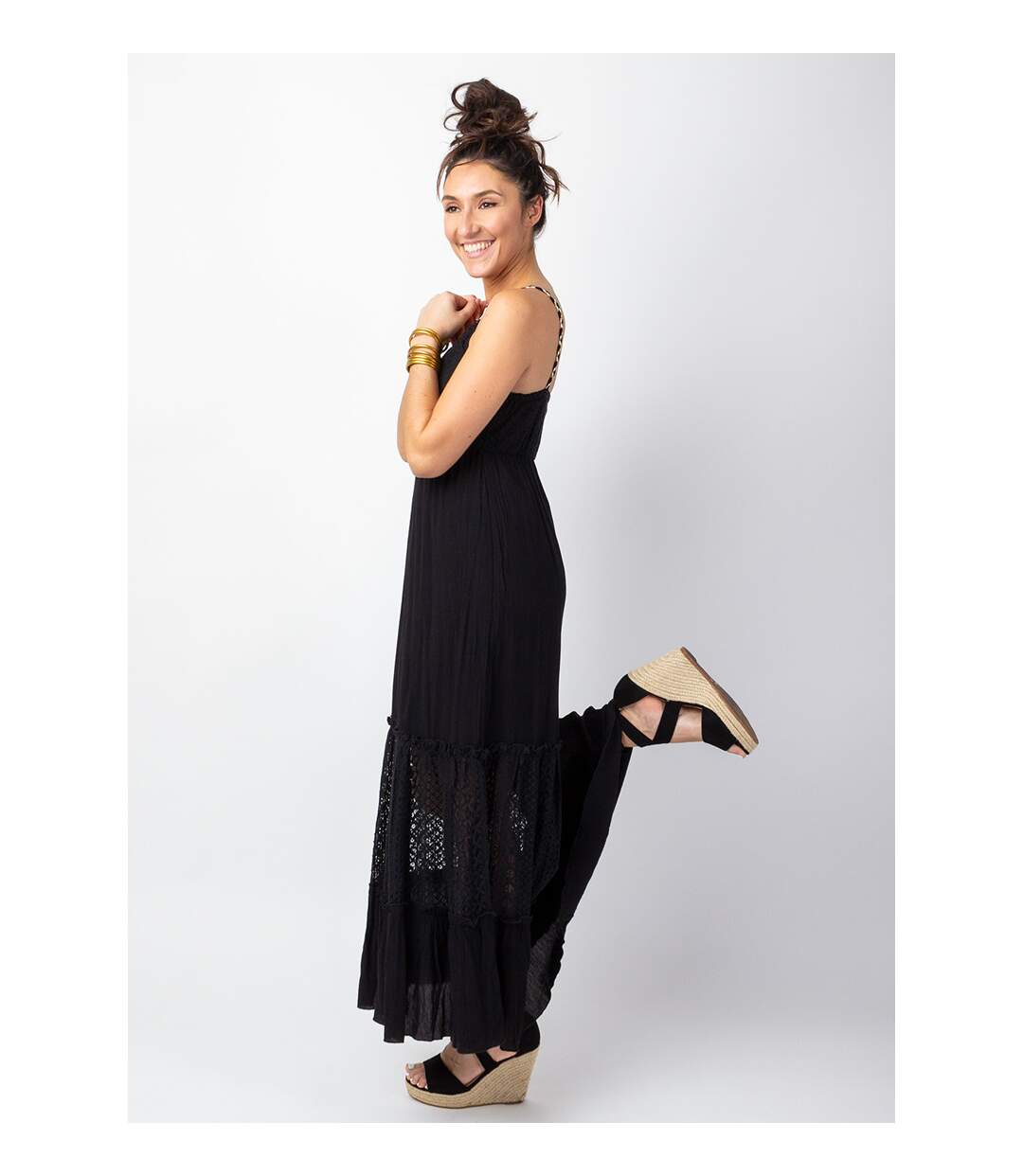 Robe longue bohème chic tendance TIARA noire Coton Du Monde