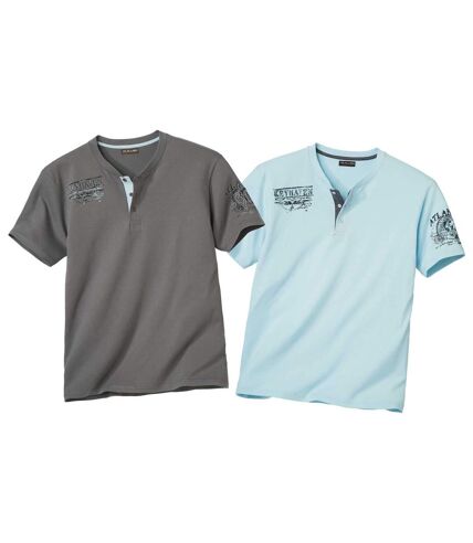 Pack of 2 Men's Button-Collar T-Shirts - Blue Grey