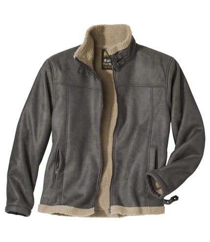 Men's Grey Full Zip Faux-Suede Jacket - Water-Repellent - Sherpa Lining