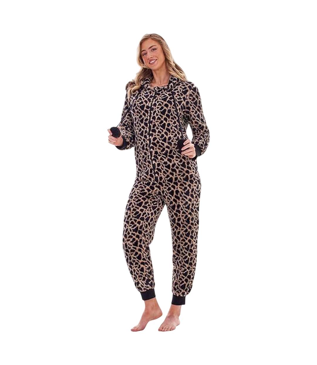 Womens/ladies Leopard Print Fleece Jumpsuit Brown Black Keanu-4