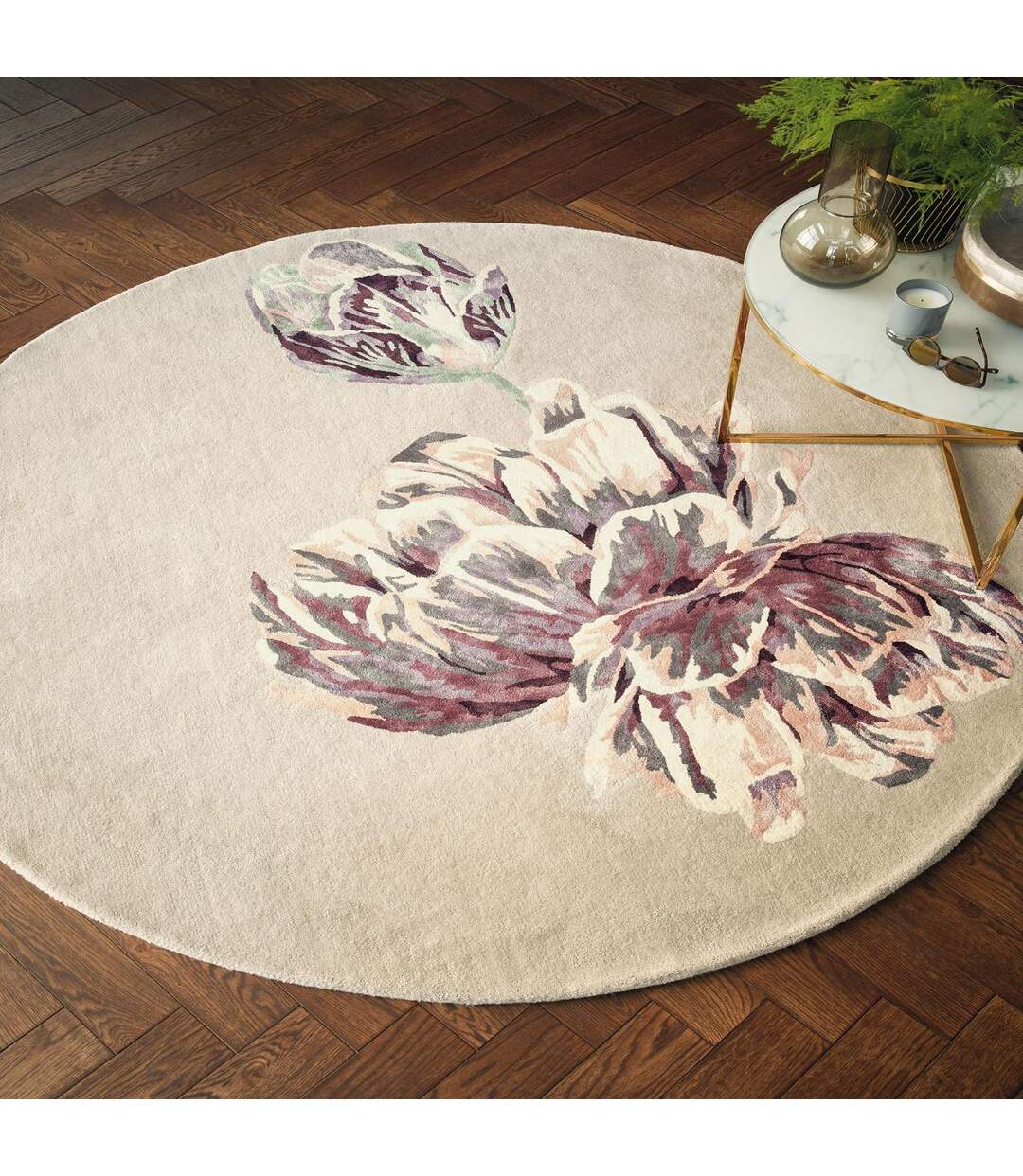 Tapis rond fait à la main en laine motif floral TRANKI R-2