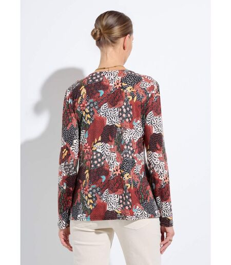 T-shirt long ample imprimé col V manches longues