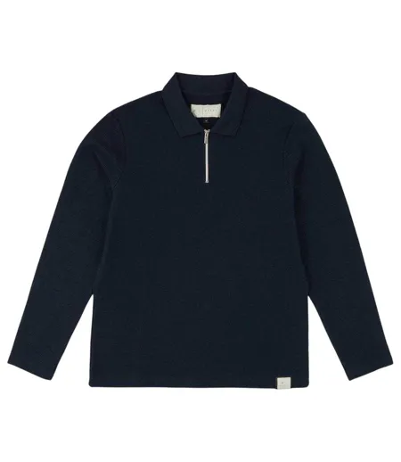 Mens Ottoman Quarter Zip Long-sleeved Polo Shirt Navy Prevu