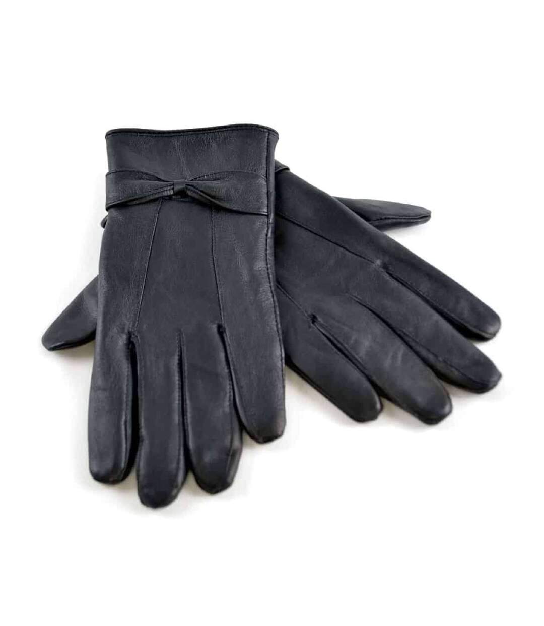 Ladies Fleece Lined Warm Leather Gloves with Bow-1