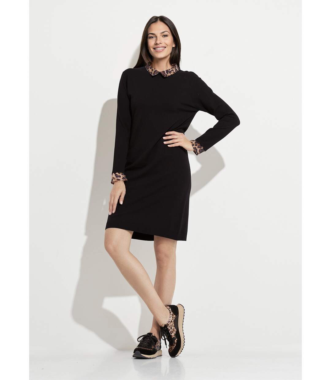 Robe-pull noire effet 2 en 1 voile imprimé léopard-1