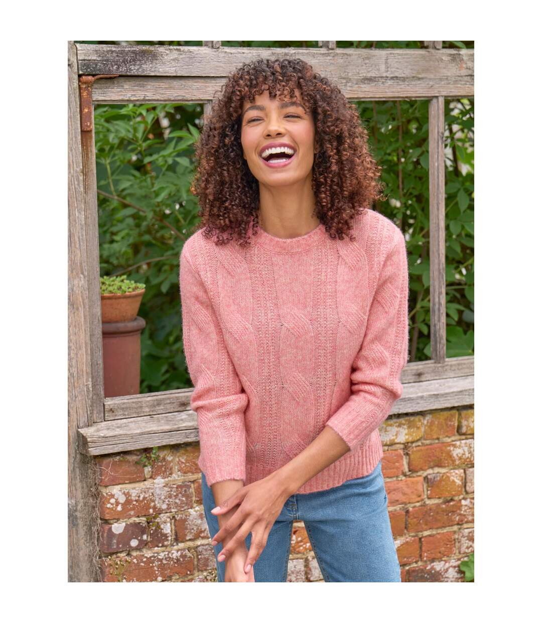 Womens/ladies Cable Knit Crew Neck Jumper Blush Pink WoolOvers-3