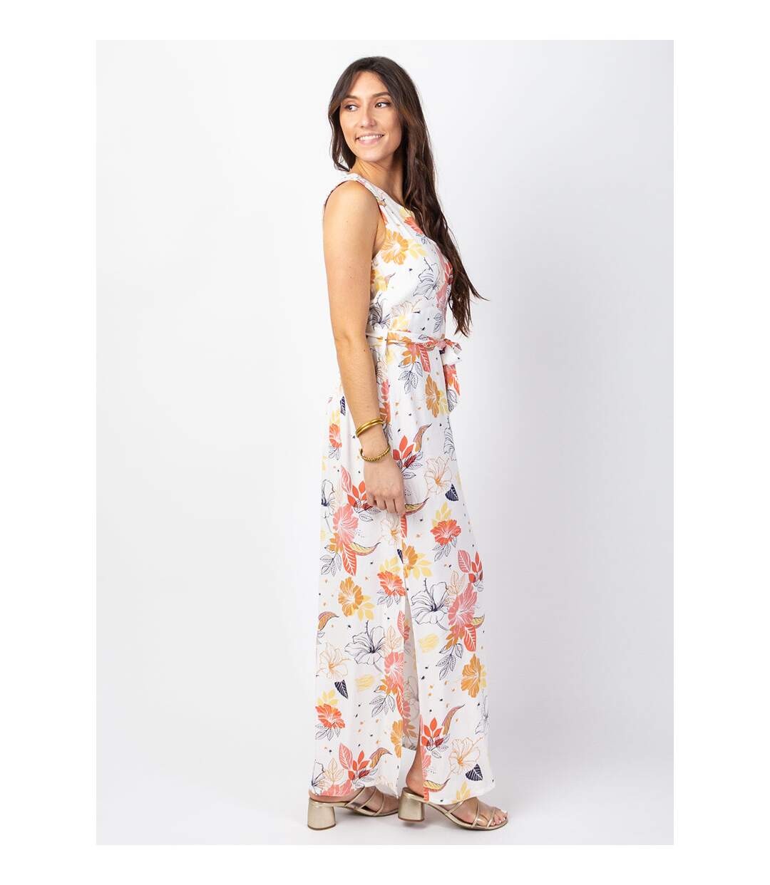 Robe longue fendue chic MELINDA cache-cœur imprimé floral blanc Coton Du Monde