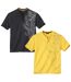 Pack of 2 Men's Button-Up Maori Print T-Shirts - Yellow Turquoise