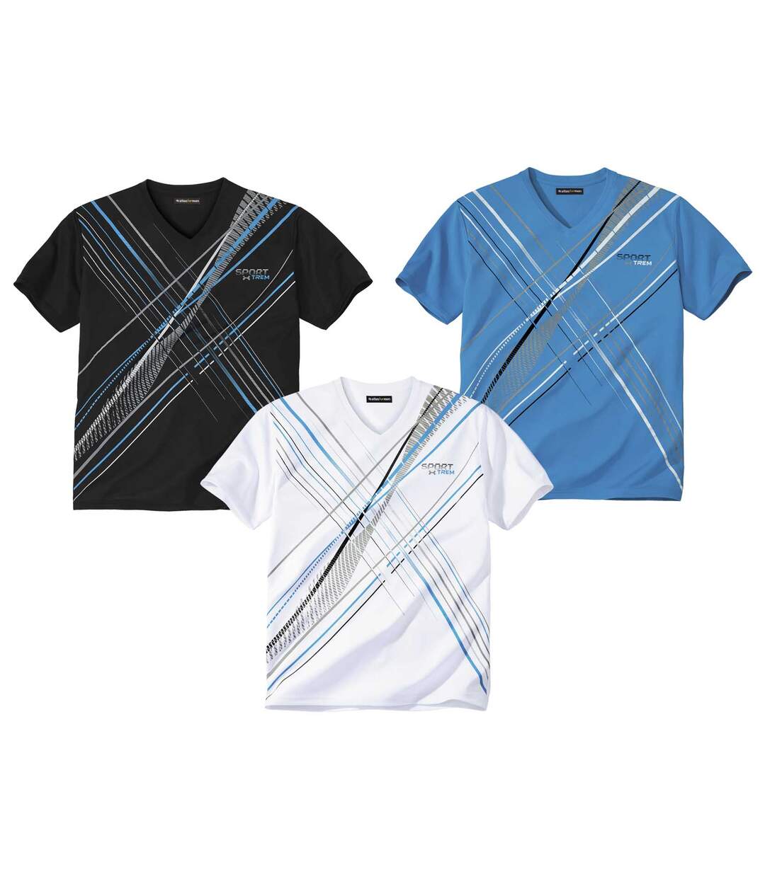 Pack of 3 Men's Sporty V-Neck T-Shirts - Blue White Black-1