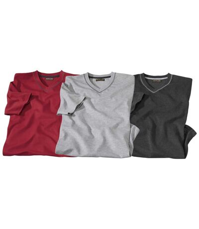 Men's Pack of 3 V-Neck T-Shirts - Grey, Charcoal and Red