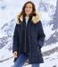 Women's Navy Padded Winter Jacket - Water-Repellent - Faux-Fur Hood 