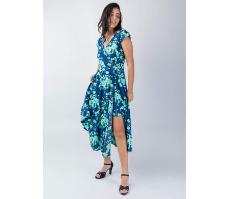 Robe mi-longue LOLITA motif floral turquoise Coton Du Monde