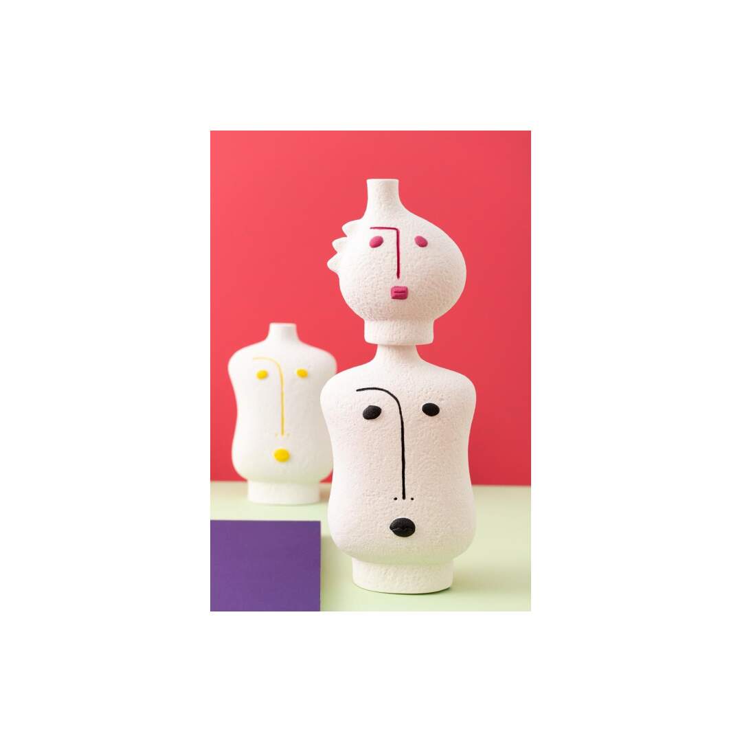 Lot de 3 Vases Visages Pop Art 22cm Blanc & Jaune