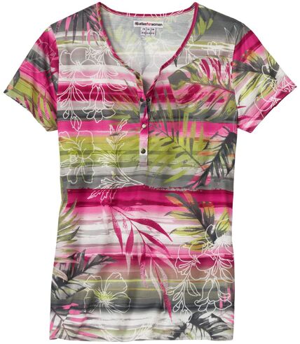 Women's Press-Stud T-Shirt - Green Pink Taupe