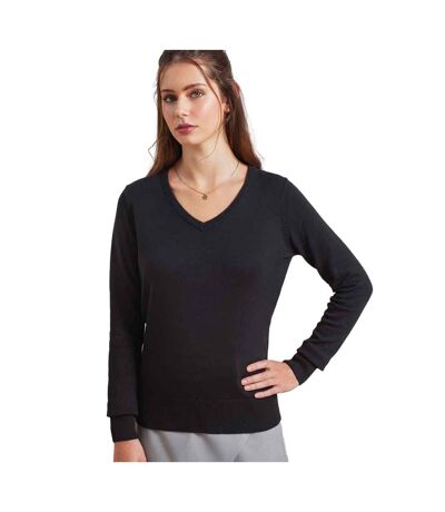 Womens/ladies Knitted Cotton Acrylic V Neck Sweatshirt Black Premier