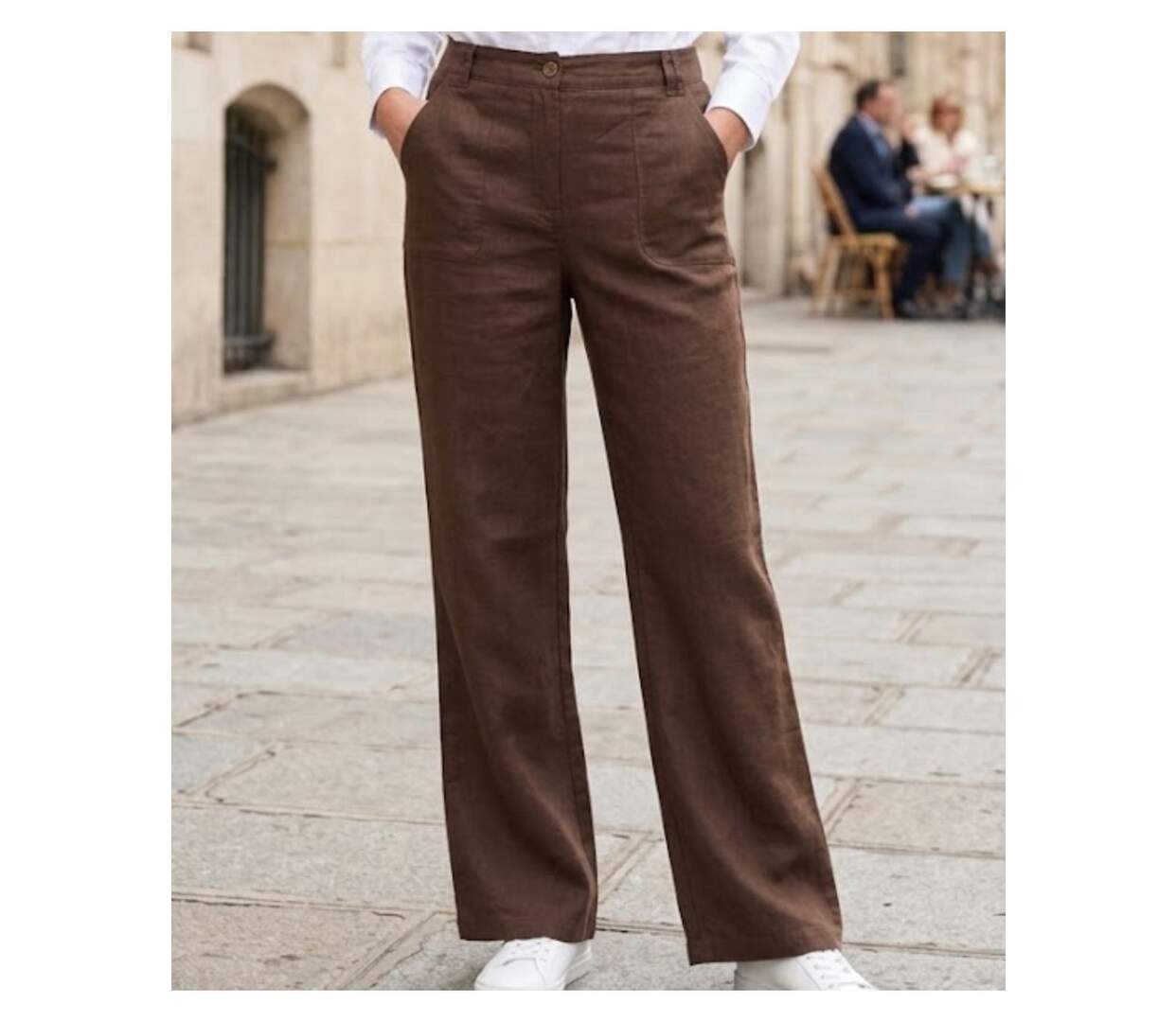 MAYFLOWER Basic Lin : Pantalon femme en lin fluide coloris Choco pour un été chic-1