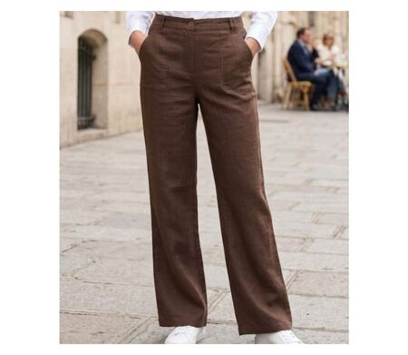 MAYFLOWER Basic Lin : Pantalon femme en lin fluide coloris Choco pour un été chic
