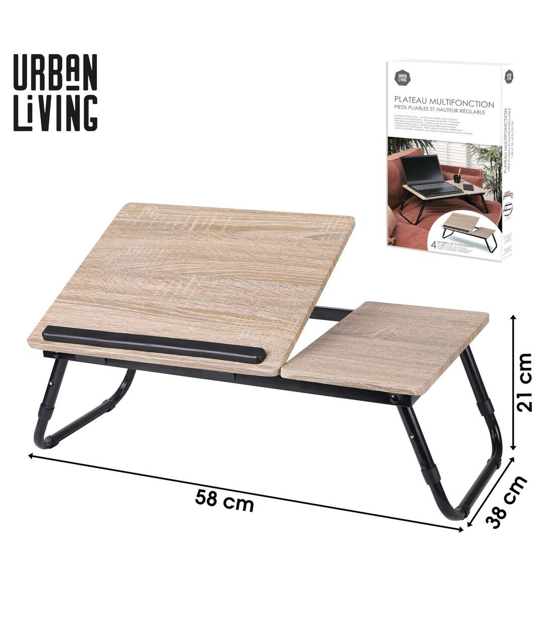Plateau multifonction pliable avec hauteur réglable en bois et métal - Beige et noir-2