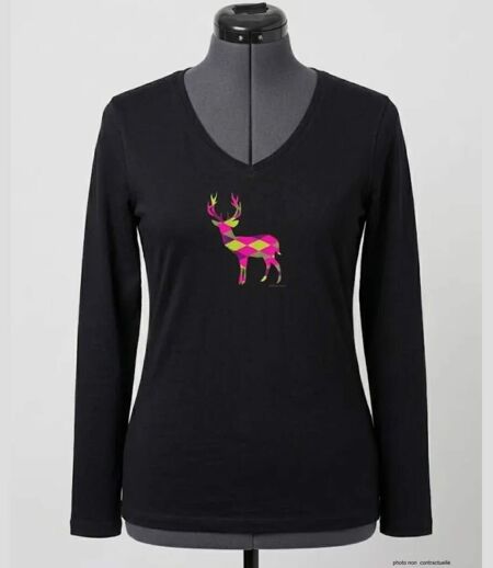 Mayflower NICO2 : Tee-shirt manches longues noir en coton avec sérigraphie motif cerf