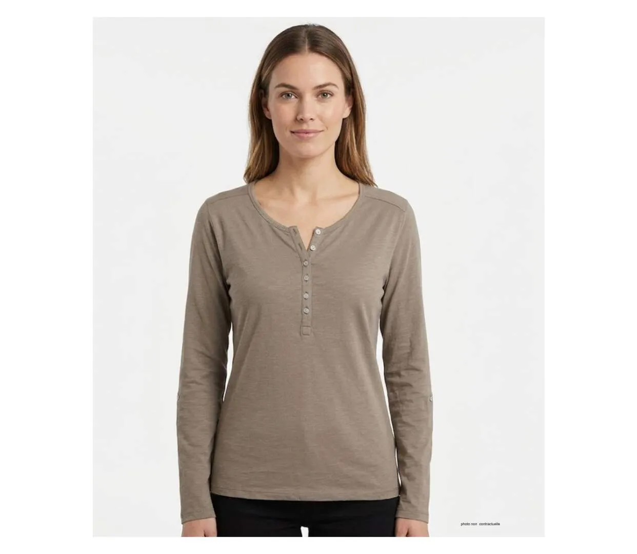 MAYFLOWER NINON3 : Tee-shirt manches longues taupe en coton flammé avec patte boutonnée-1