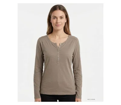 MAYFLOWER NINON3 : Tee-shirt manches longues taupe en coton flammé avec patte boutonnée