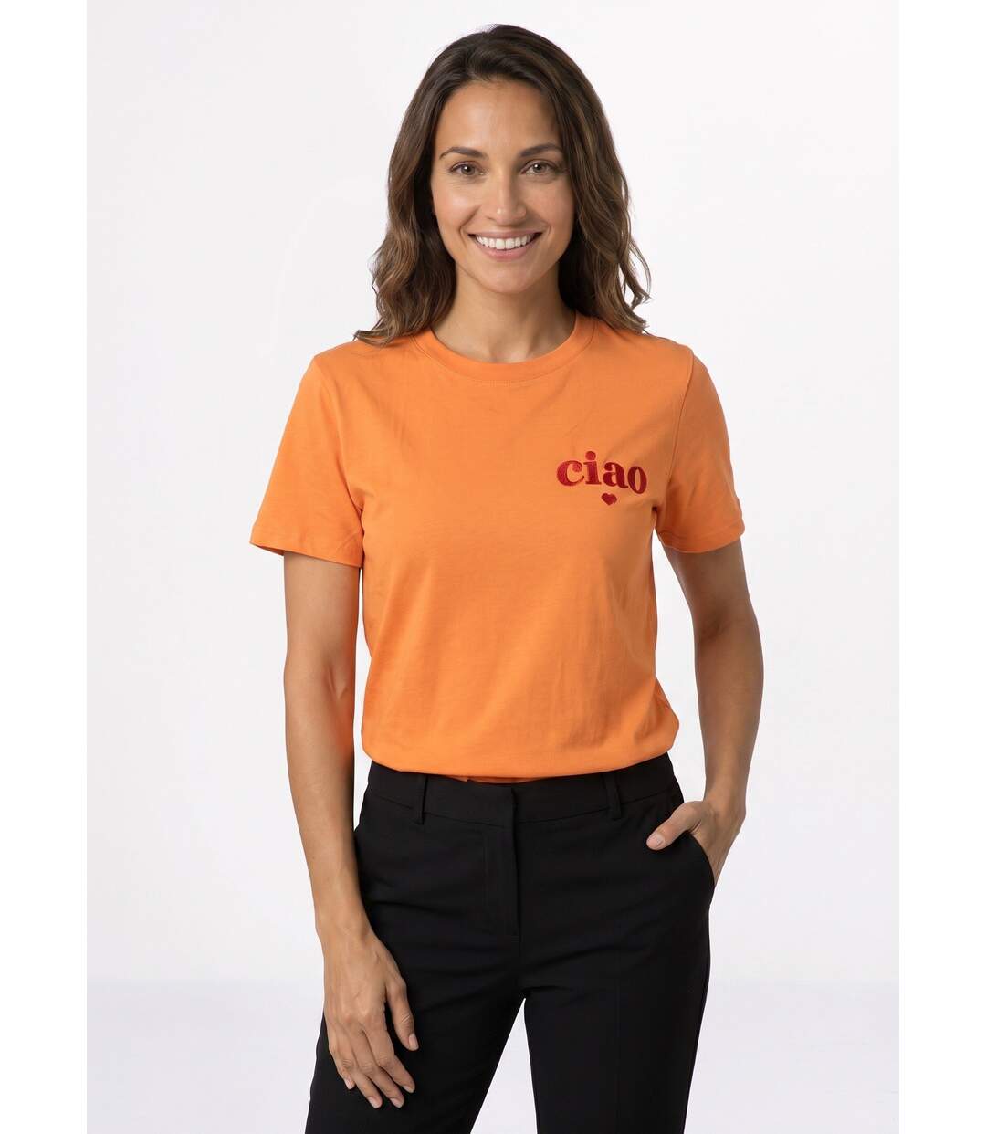 T-shirt col rond broderie Ciao et coeur-1