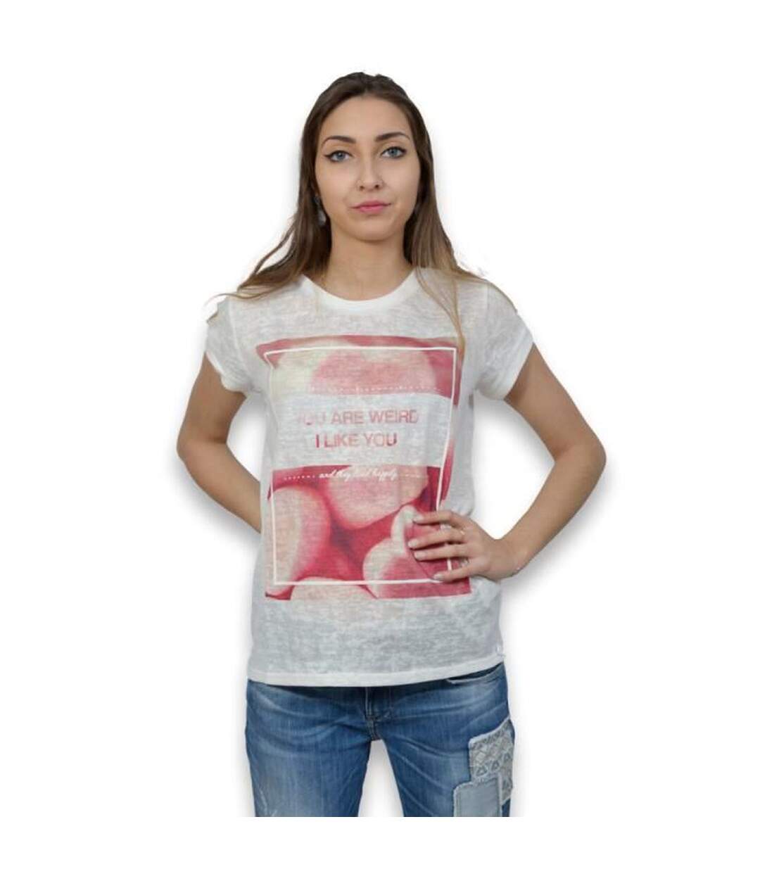 Tee shirt femme manches courtes col rond motifs imprimés devant