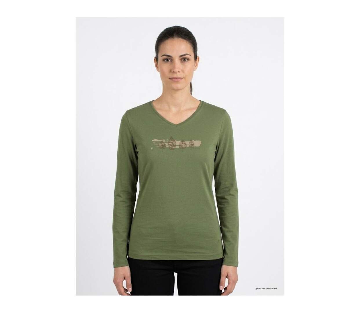Mayflower NERVAL4 : Tee-shirt femme manches longues vert olive avec petit col V-1