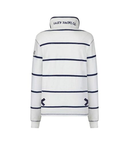 Womens/ladies Striped Quarter Zip Long-sleeved Sweatshirt White Lazy Jacks