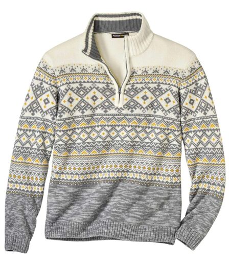 Men's Ecru, Gray & Ocher Print Sweater