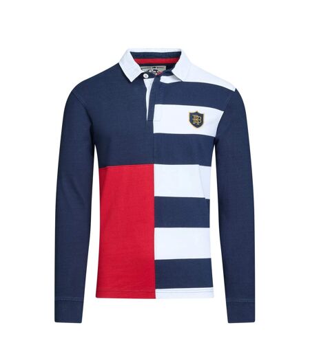 Mens harlequin long-sleeved rugby polo shirt navy Raging Bull