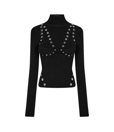 Womens/ladies Eyelets Mock Neck Top Black Off White