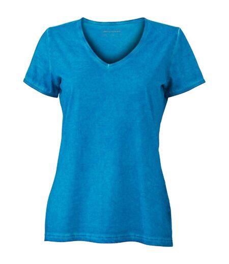 T-shirt style bohémien col V femme JN975 - bleu turquoise
