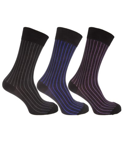 Mens Stripe Pattern Bamboo Rich Socks (Pack Of 3) (Black/Lilac/Blue/Grey) - UTMB328
