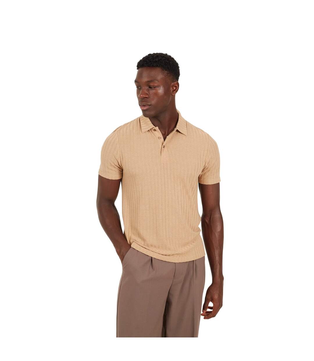 Mens Textured Short-sleeved Polo Shirt Taupe Brave Soul-2