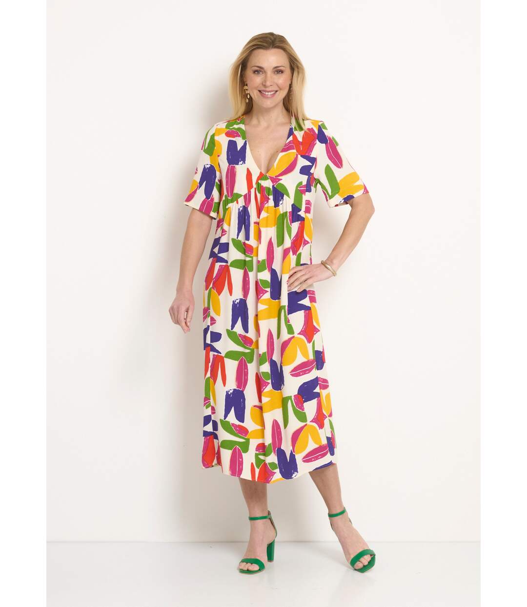 Robe longue col V motif abstrait-1