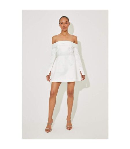 Womens/ladies Satin Bardot Mini Dress Off White Odd Muse