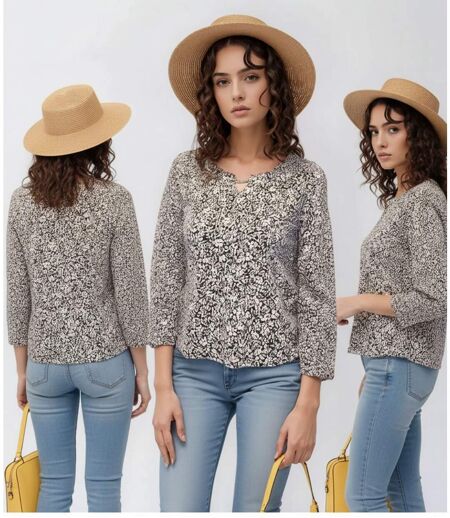 Blouse femme imprimée manches longues - Col rond - Multicouleur