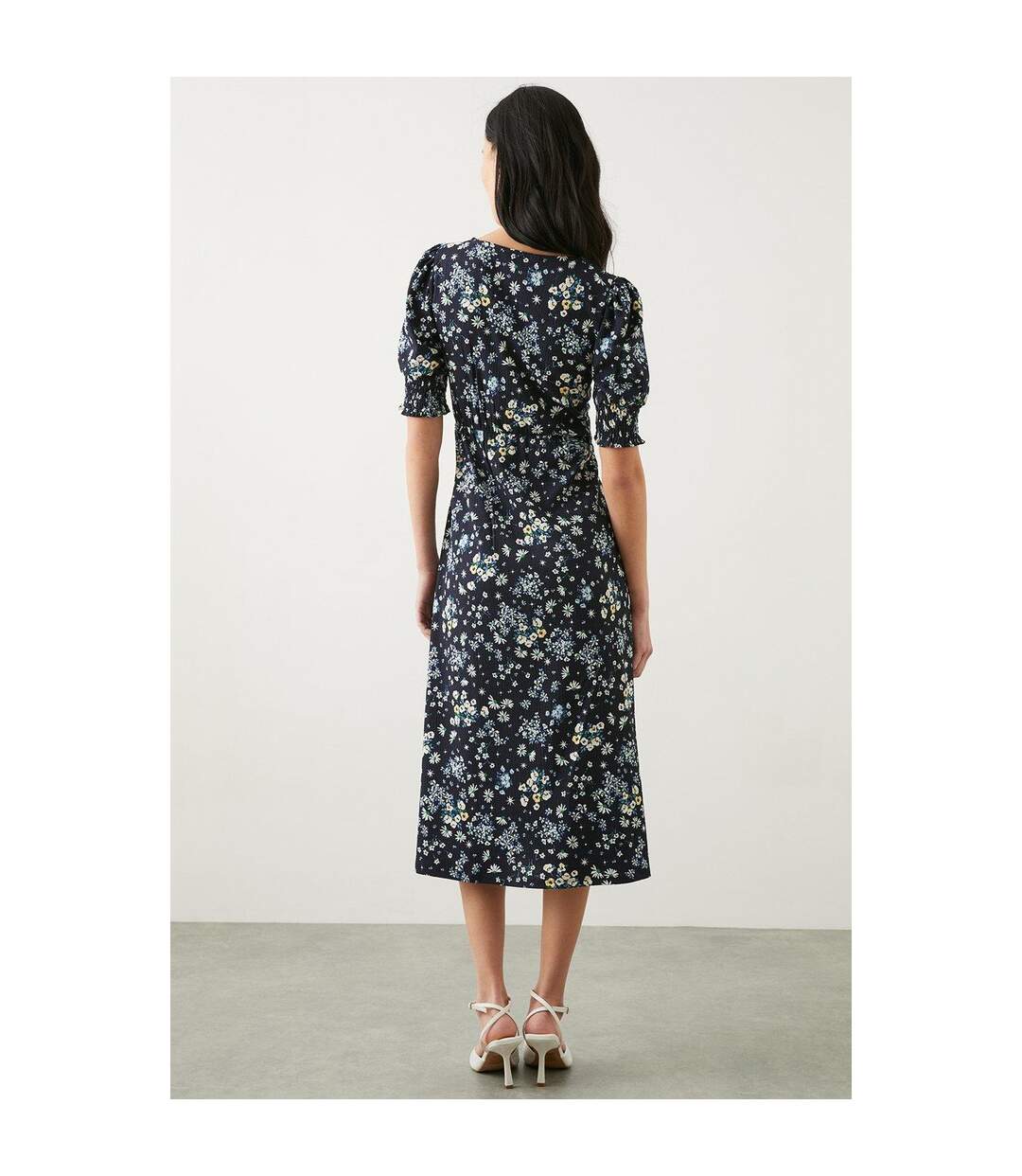 Womens/ladies Ditsy Print Shirred Cuff Petite Midi Dress Blue Dorothy Perkins-2
