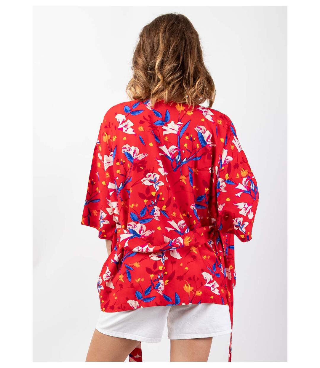 Veste courte esprit kimono AYAKO motif fleuri rouge Coton Du Monde-4