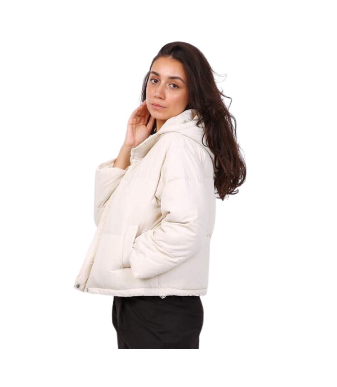 Doudoune femme courte manches longues couleur beige avec capuche