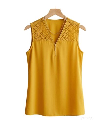 Top sans manches jaune MAYFLOWER CHF3053A en crêpe fluide avec détails dentelle
