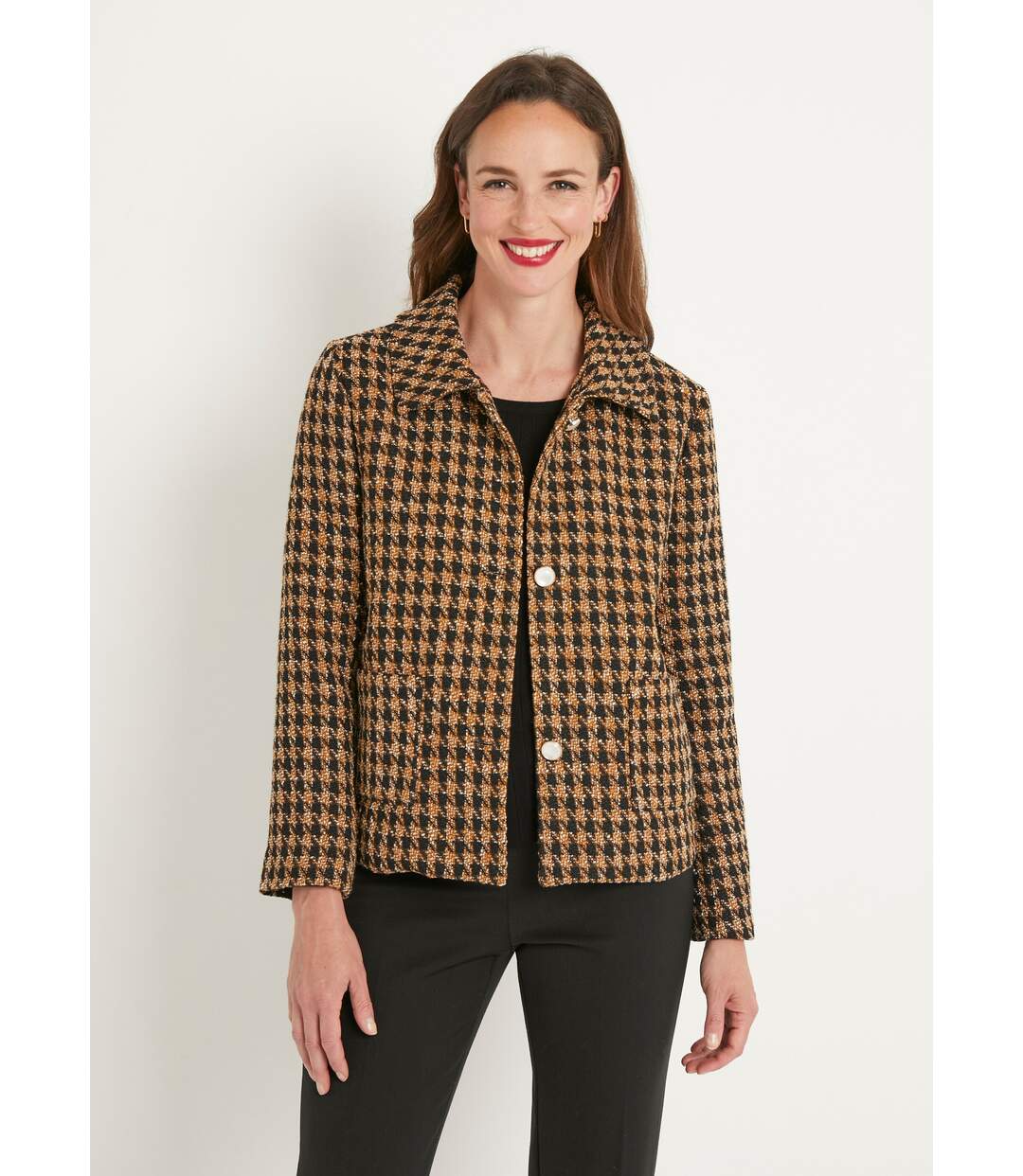 Veste boutonnée courte jacquard pied de coq-1