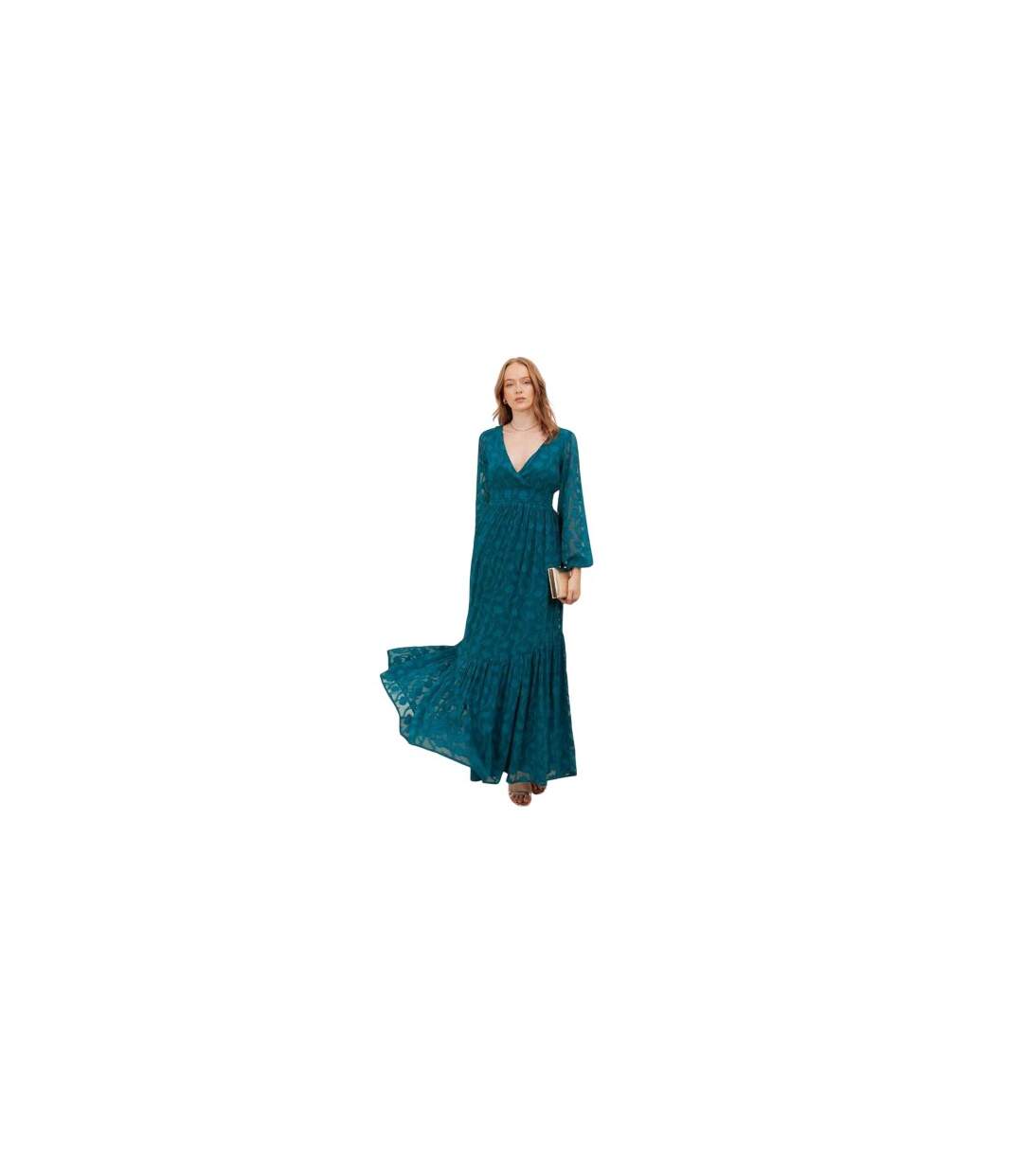 Robe Longue Manches Longues Motif/style Floral En Relief Femme Vert Sarcelle Lovedrobe-1