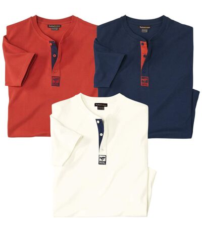 Pack of 3 Men's Henley-Neck T-Shirts - Red Navy White
