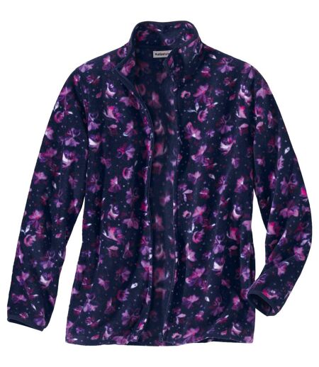 Women's Floral Print Fleece Jacket - Navy Pink