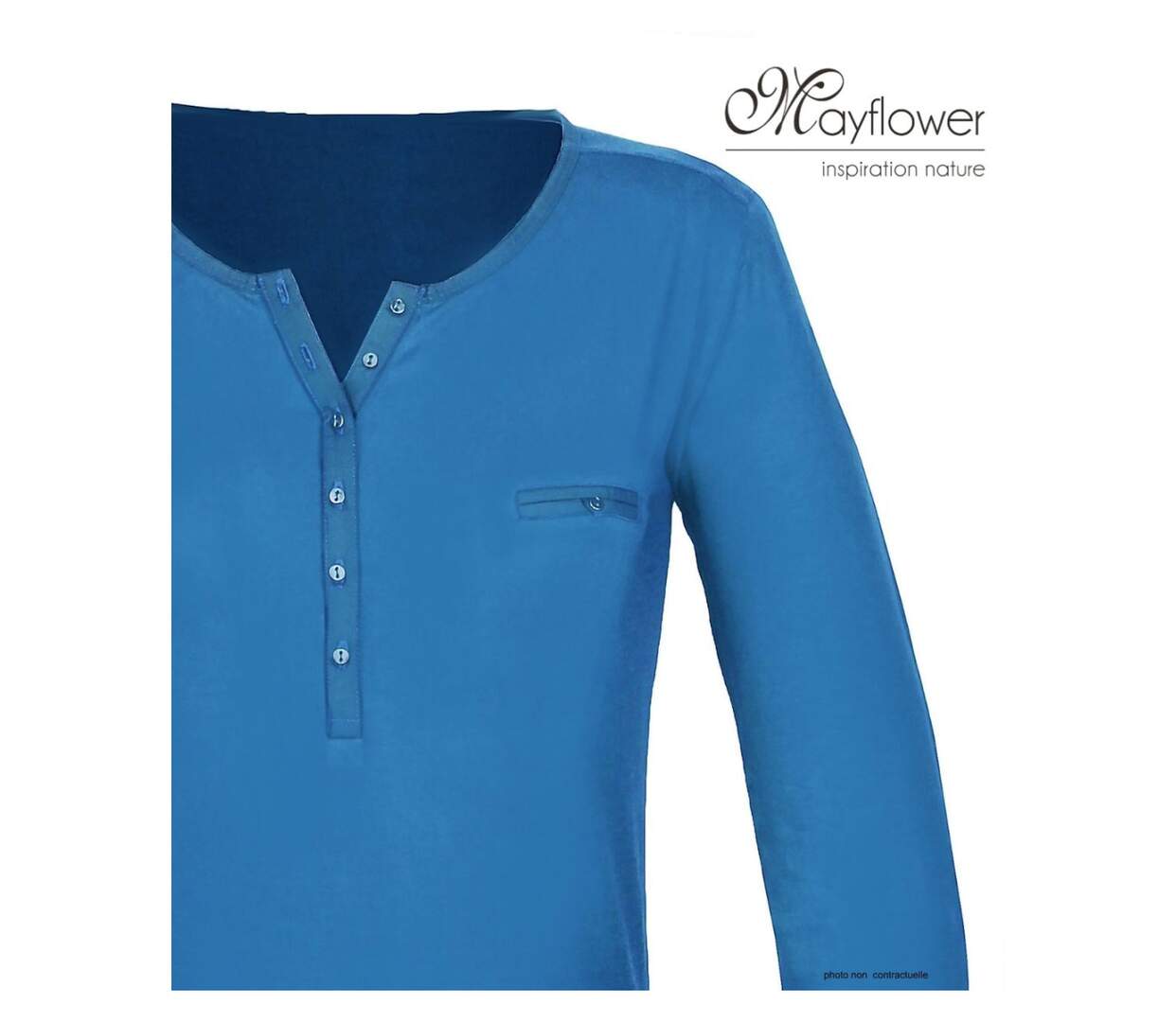 MAYFLOWER NOVICE2 – Tee-shirt manches longues bleu col tunisien satin pour un style chic et fluide-4