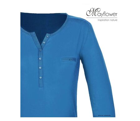 MAYFLOWER NOVICE2 – Tee-shirt manches longues bleu col tunisien satin pour un style chic et fluide